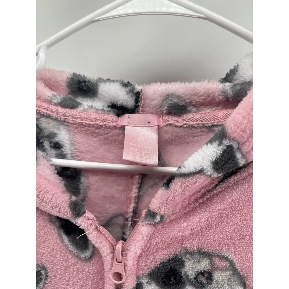Women Pink French Bulldog Hooded Fleece Pajama Union‎ Suit Sz M